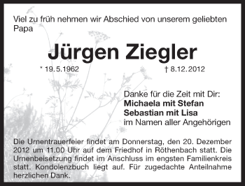 Traueranzeige von Jürgen Ziegler von Pegnitz-Zeitung